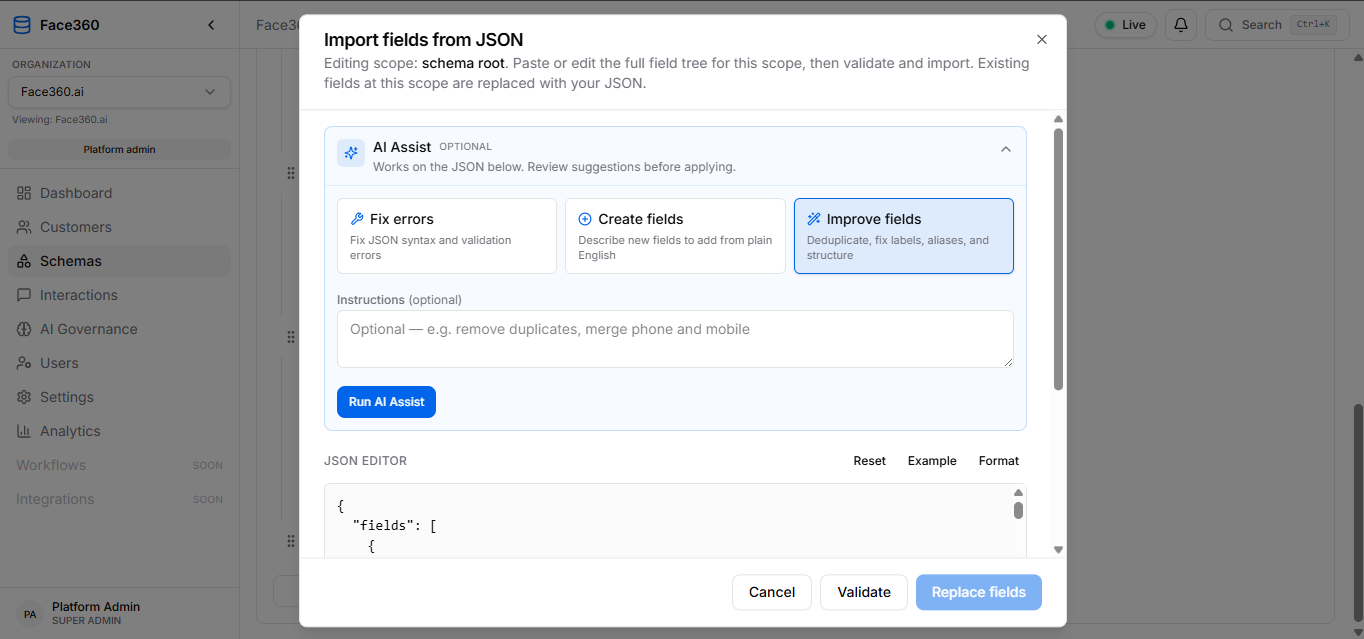 Fix, create, or improve fields from plain English or JSON